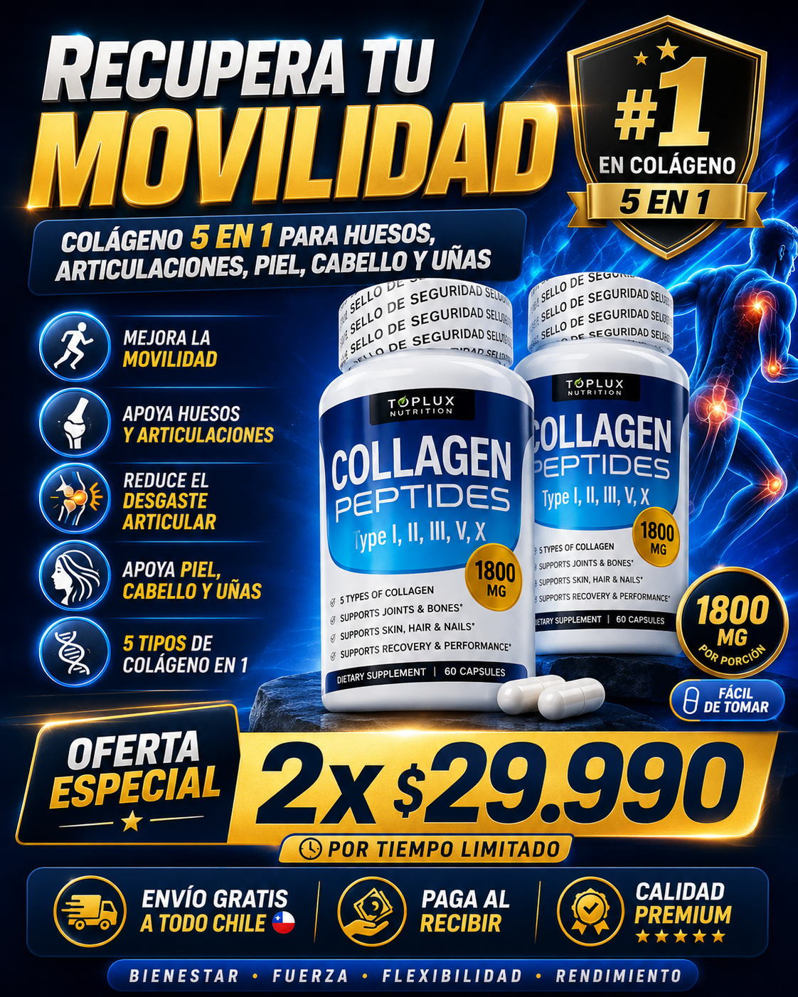Colágeno Complex 5 en 1 💎 60 Cápsulas | Piel Firme, Articulaciones Fuertes y Cabello Saludable